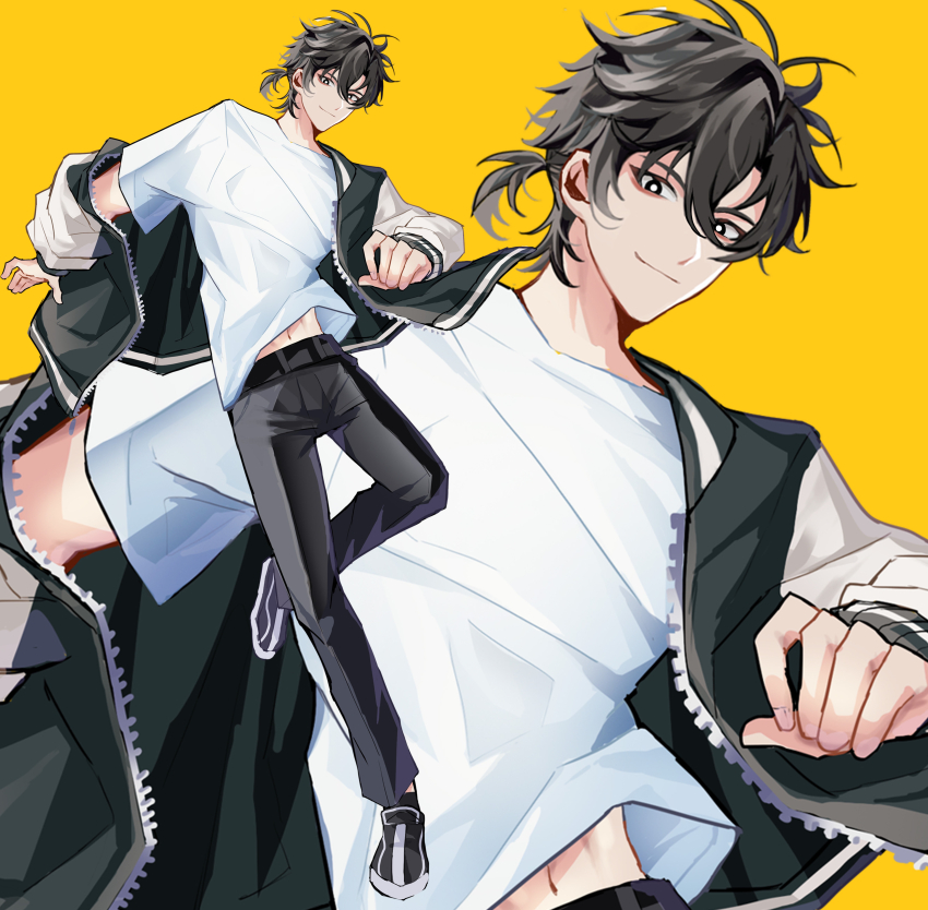 1boy absurdres antenna_hair belt bettybei302 black_belt black_eyes black_hair black_jacket black_pants black_shoes cheng_xiaoshi chinese_commentary closed_mouth full_body hair_between_eyes highres jacket jacket_partially_removed long_sleeves looking_at_viewer male_focus midriff_peek multicolored_jacket multicolored_shoes multiple_views navel off_shoulder open_clothes open_jacket pants ponytail shiguang_dailiren shirt shoes short_hair short_ponytail simple_background smile sneakers t-shirt white_shirt yellow_background zipper