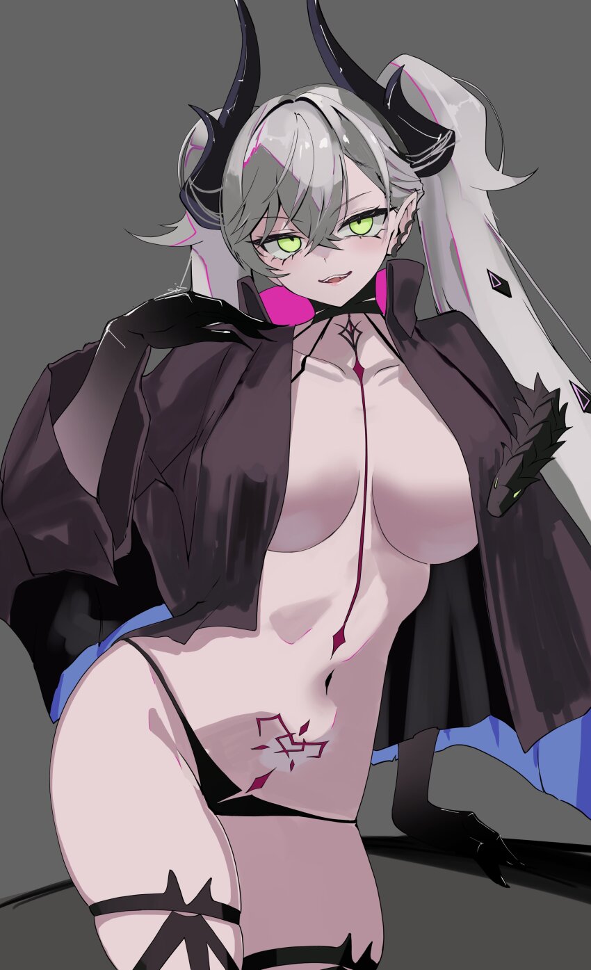 1girl absurdres black_cloak black_hands black_panties blush body_markings breasts cloak colored_extremities crossed_bangs demon_girl demon_horns fate/grand_order fate_(series) green_eyes grey_hair highres horns large_breasts lilith_(fate) lilith_(second_ascension)_(fate) long_hair looking_at_viewer navel open_mouth panties revision s4ika smile solo stomach_tattoo tattoo twintails underwear