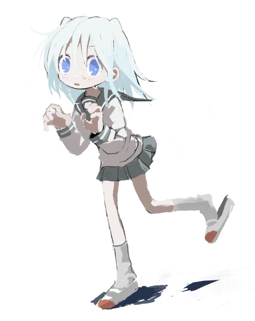 1girl black_sailor_collar black_skirt blue_eyes blush floating_hair full_body hair_horns hands_up highres hitonatz light_frown long_sleeves looking_at_viewer medium_hair miniskirt null-meta open_mouth pleated_skirt sailor_collar school_uniform serafuku shirt shoe_dangle shoes simple_background skirt solo standing standing_on_one_leg sweat takada_shiyuki uwabaki white_background white_hair white_shirt wide-eyed