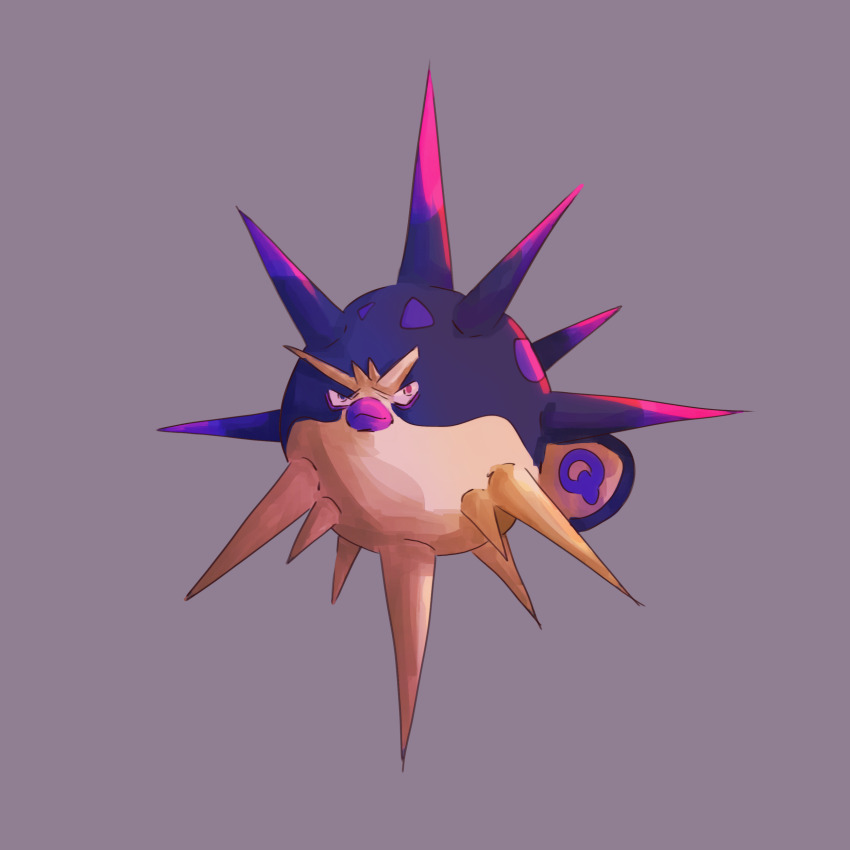 absurdres animal_focus blue_eyes closed_mouth commentary commentary_request english_commentary fish full_body game_freak heterochromia highres looking_at_viewer nintendo no_humans overqwil pigeon_toast pink_eyes pokemon pokemon_(creature) puffer_fish purple_background purple_eyes simple_background smile solo spikes three_quarter_view
