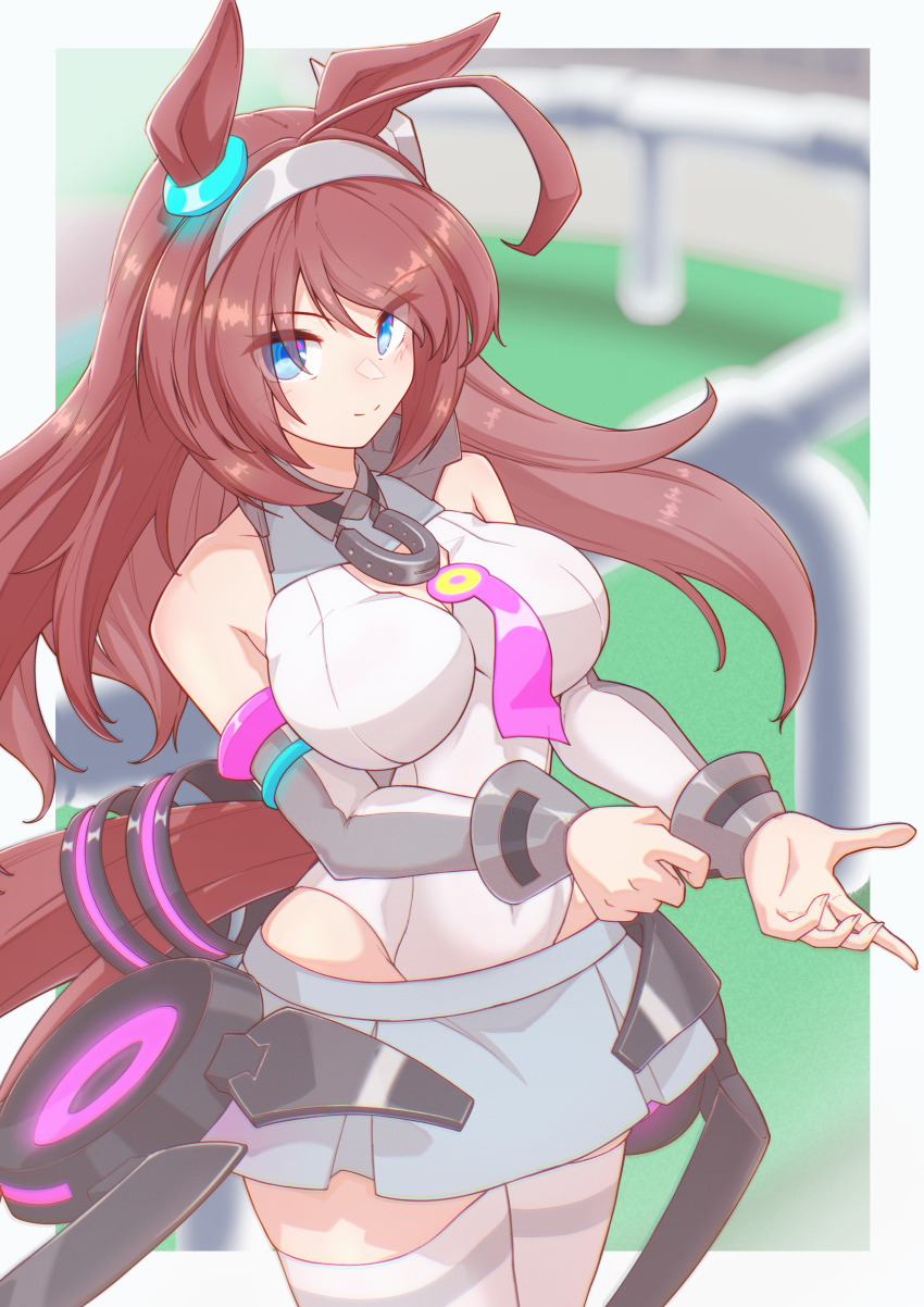 &gt;:) 1girl absurdres ahoge animal_ears bare_shoulders blue_eyes breasts brown_hair closed_mouth covered_navel cowboy_shot detached_sleeves flova11 grey_skirt grey_sleeves hairband highres horse_ears horse_girl horse_racing_track horse_tail leotard long_hair looking_at_viewer lowleg lowleg_skirt medium_breasts metal_hairband microskirt mihono_bourbon_(umamusume) necktie outdoors pink_necktie racetrack skirt sleeveless solo strapless strapless_leotard tail thighhighs umamusume v-shaped_eyebrows white_leotard white_thighhighs