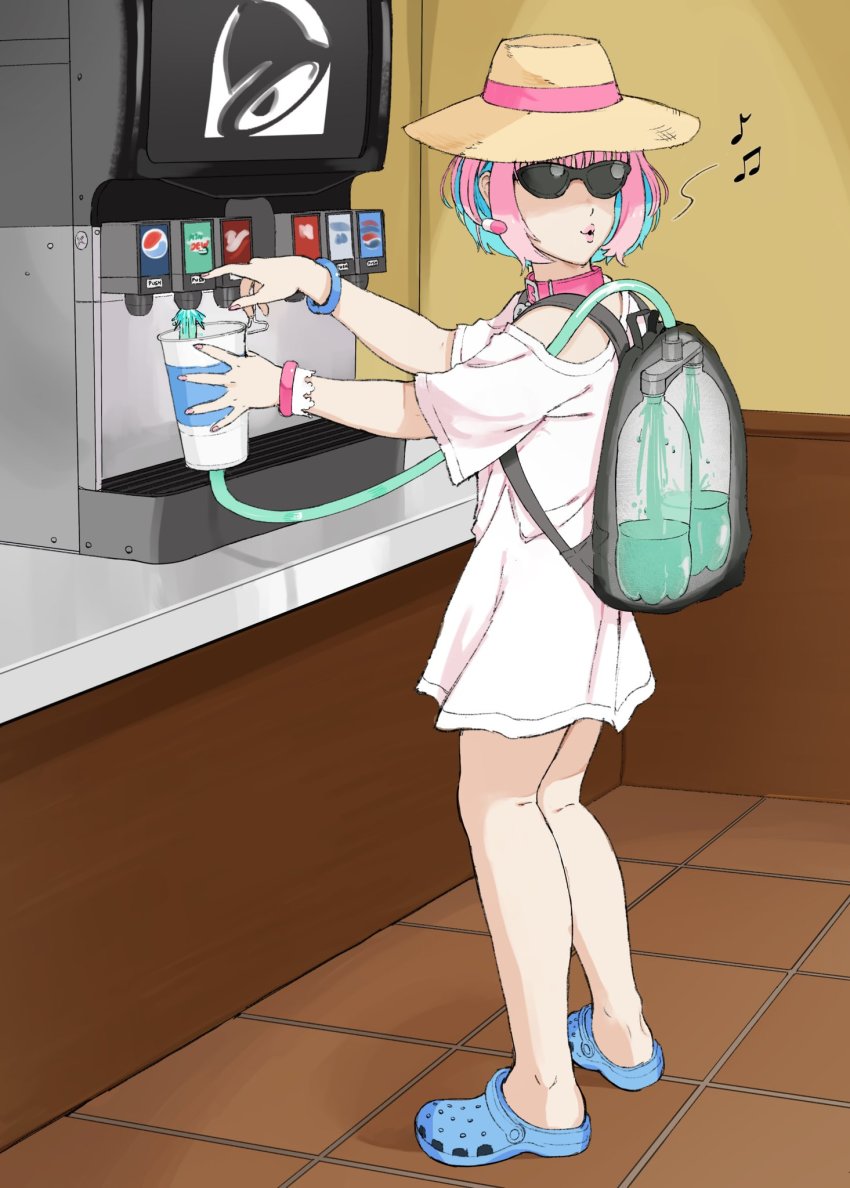 1girl backpack bag beamed_eighth_notes bracelet collar commentary crocs cup disposable_cup dr_pepper earrings eighth_note english_commentary full_body giganticbuddha hair_intakes hat highres idolmaster idolmaster_cinderella_girls indoors jewelry meme mountain_dew multicolored_hair musical_note off-shoulder_shirt off_shoulder operation_soda_steal_(meme) pepsi pill_earrings pink_collar pink_hair pink_lips shirt short_hair soda soda_fountain solo standing sun_hat sunglasses t-shirt taco_bell theft two-tone_hair whistling x-ray yumemi_riamu
