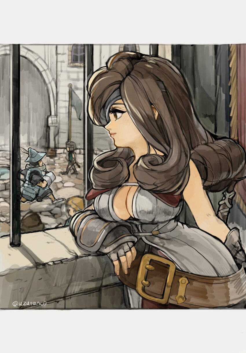 1boy 1girl 2others adelbert_steiner arch arm_armor armor beatrix_(ff9) black_eyes breastplate breasts brown_eyes brown_hair castle center_opening chest_strap cleavage commentary cuirass curly_hair dress elbow_rest eyepatch facing_to_the_side faulds final_fantasy final_fantasy_ix fingerless_gloves flag from_side full_armor gauntlets gloves grey_dress hat_feather highres leaning leather_belt light_smile long_hair looking_at_another morion multiple_others oversized_belt running sabaton serious sleeveless sleeveless_dress sleeveless_duster solo_focus stone_floor stone_wall tapestry uzutanco vambraces wall water window