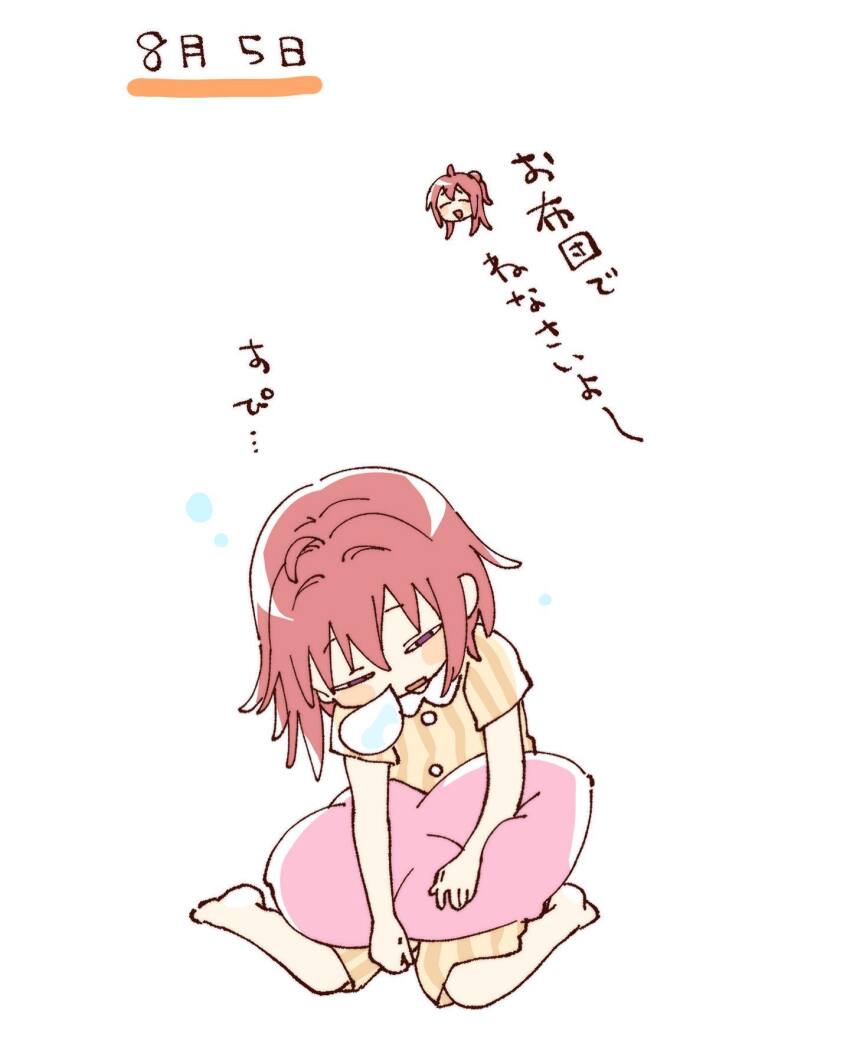 2girls akaza_akane akaza_akari barefoot blush_stickers chibi chibi_inset full_body half-closed_eyes hashtag-only_commentary highres multiple_girls namori nose_bubble open_mouth pillow purple_eyes red_hair shirt short_hair short_sleeves shorts simple_background sitting sleeping striped_clothes striped_shirt striped_shorts translation_request white_background yellow_shirt yellow_shorts yuruyuri