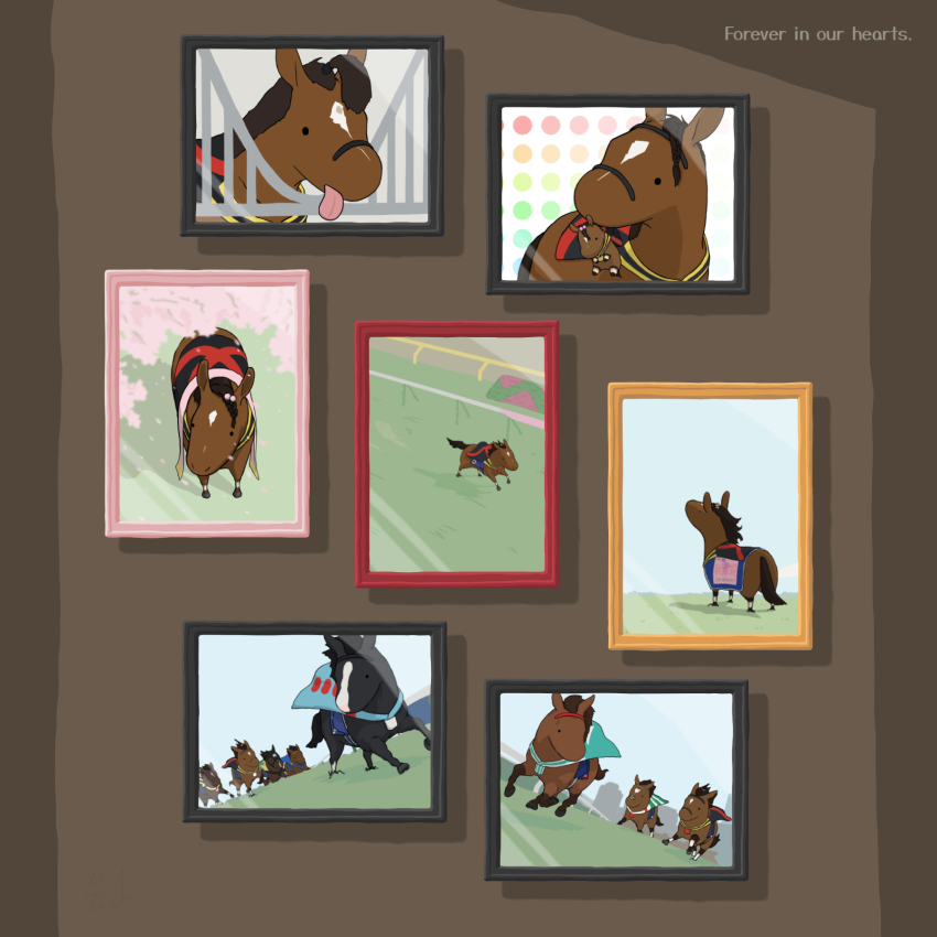 character_doll character_request cherry_blossoms chibi chibi_only commentary_request doll english_text equinox_(racehorse) highres horse horse_racing_track jajaumant liberty_island_(racehorse) looking_up no_humans photo_(object) picture_frame racing_colors real_life running stars_on_earth_(racehorse) stuffed_animal stuffed_toy titleholder_(racehorse) tongue tongue_out
