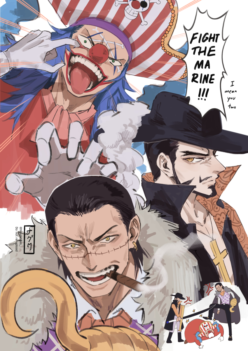 3boys absurdres anger_vein ascot beard black_hair buggy_the_clown chinstrap_beard cigar closed_mouth clown_nose crocodile_(one_piece) cross cross_necklace dracule_mihawk english_text eyelid_pull facial_hair hair_slicked_back hat highres hook_hand jewelry male_focus mature_male mouth_hold multiple_boys multiple_views mustache necklace ngumngim one_piece orange_eyes red_ascot smoking speech_bubble stitched_face stitches sword teeth_hold tongue tongue_out weapon