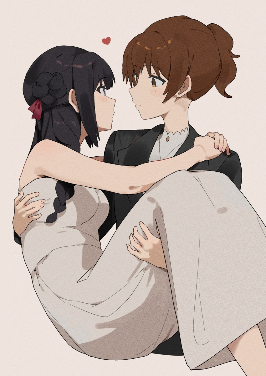 2girls arms_around_neck bare_arms black_hair black_jacket blush brown_eyes brown_hair carrying closed_mouth commentary_request dress hair_ribbon heart hibike!_euphonium highres jacket kousaka_reina lie_lack1080 multiple_girls oumae_kumiko pink_background ponytail princess_carry purple_eyes red_ribbon ribbon shirt simple_background sleeveless sleeveless_dress sweatdrop white_dress white_shirt yuri