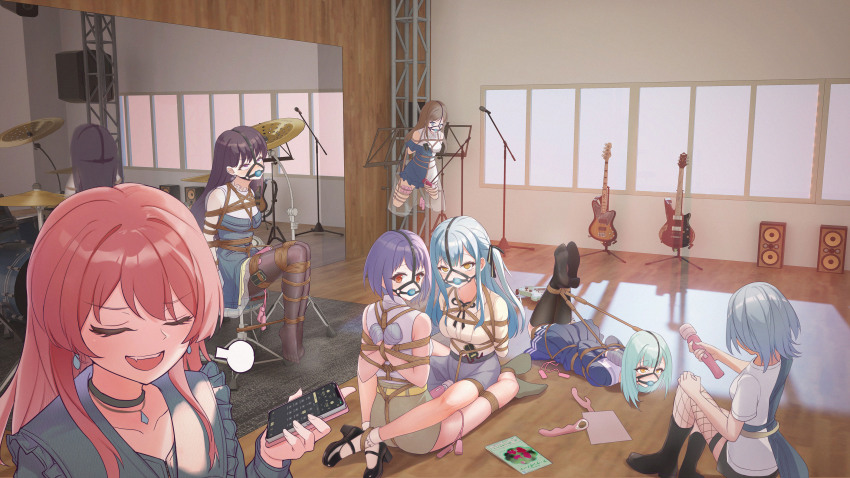 6+girls absurdres arms_behind_back bang_dream! bang_dream!_it&#039;s_mygo!!!!! bdsm black_boots black_choker black_pantyhose black_socks blue_eyes blue_hair blue_jacket blue_shirt blue_skirt bondage boots bound bound_together breasts brown_hair brown_skirt cellphone chihaya_anon chinese_commentary choker closed_eyes commentary_request dress earclip earrings bass_guitar electric_guitar fang fishnet_thighhighs fishnets gag gagged green_hair grey_skirt guitar hair_ribbon heart heart-shaped_pupils highres hitachi_magic_wand holding holding_phone indoors instrument jacket jewelry kaname_raana kneehighs long_hair lying medium_breasts microphone_stand multiple_girls music_stand nagasaki_soyo nameless_ark neck_ribbon no_shoes notebook on_stomach open_mouth orange_eyes pantyhose phone pink_hair pleated_skirt purple_eyes purple_hair remote_control_vibrator restrained ribbon school_uniform sex_toy shibari shibari_over_clothes shiina_taki shirt short_sleeves single_thighhigh sitting skirt smartphone socks speaker suspension symbol-shaped_pupils teeth thighhighs togawa_sakiko tsukinomori_school_uniform upper_teeth_only vibrator wakaba_mutsumi white_dress white_hair white_shirt yellow_eyes yuri yuutenji_nyamu