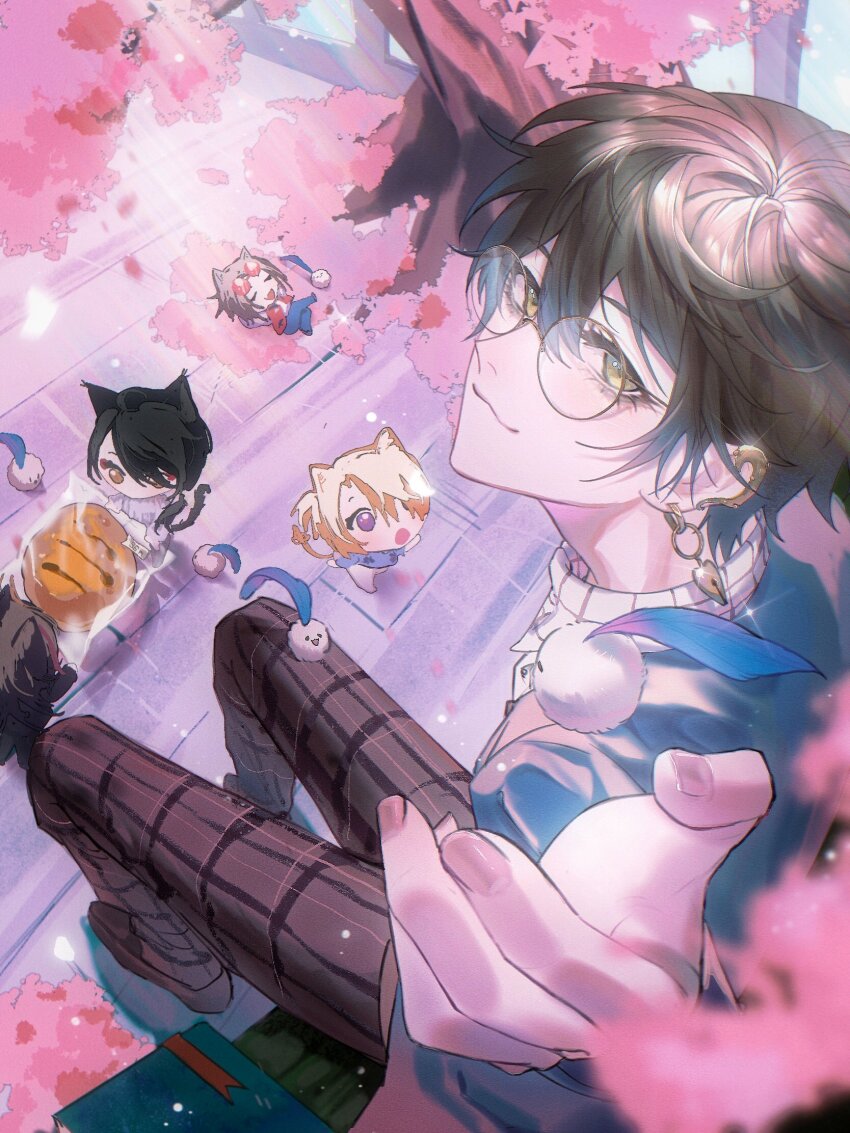 5boys animal_ears black_hair blonde_hair blue_hair blue_jacket blurry blurry_foreground book bread bred brown_hair brown_pants cat_boy cat_ears cherry_blossoms chibi closed_mouth collared_shirt creature creature_on_shoulder earrings eduardo_szh eyewear_on_head food from_below glasses gradient_hair green_hair hair_between_eyes highres ike_eveland jacket jewelry kemonomimi_mode looking_at_viewer luca_kaneshiro luxiem male_focus melon_bread mini_person miniboy multicolored_hair multiple_boys mysta_rias nijisanji nijisanji_en on_shoulder pants plaid_clothes plaid_pants purple_eyes quilldren_(ike_eveland) reaching reaching_towards_viewer round_eyewear shirt shu_yamino sitting smile tail virtual_youtuber vox_akuma white_shirt