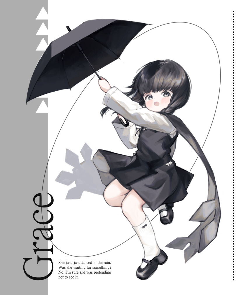 1girl :d absurdres black_bow black_dress black_eyes black_hair black_scarf black_shoes bow bow_legwear braid child commentary dress english_text full_body grace_(ic) highres holding holding_umbrella ic_(iccccccccc81) long_hair long_sleeves mary_janes multicolored_hair open_mouth original pinafore_dress scarf shirt shoes single_braid sleeveless sleeveless_dress smile socks solo standing standing_on_one_leg symbol-only_commentary torn_clothes torn_scarf two-tone_hair umbrella white_hair white_shirt white_socks