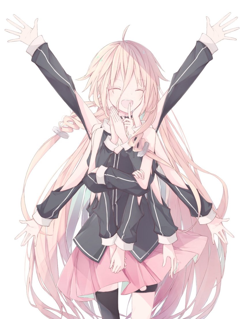1girl ahoge arms_up black_shirt black_thighhighs blouse cevio clothing_cutout commentary cowboy_shot extra_arms closed_eyes facing_to_the_side finger_to_mouth gavrof hand_on_lap highres ia_(vocaloid) index_finger_raised long_hair miniskirt open_mouth outstretched_arms own_hands_together pendant_choker pink_skirt platinum_blonde_hair pleated_skirt shirt shoulder_cutout single_thighhigh skirt smile solo standing thigh_strap thighhighs very_long_hair vocaloid white_background