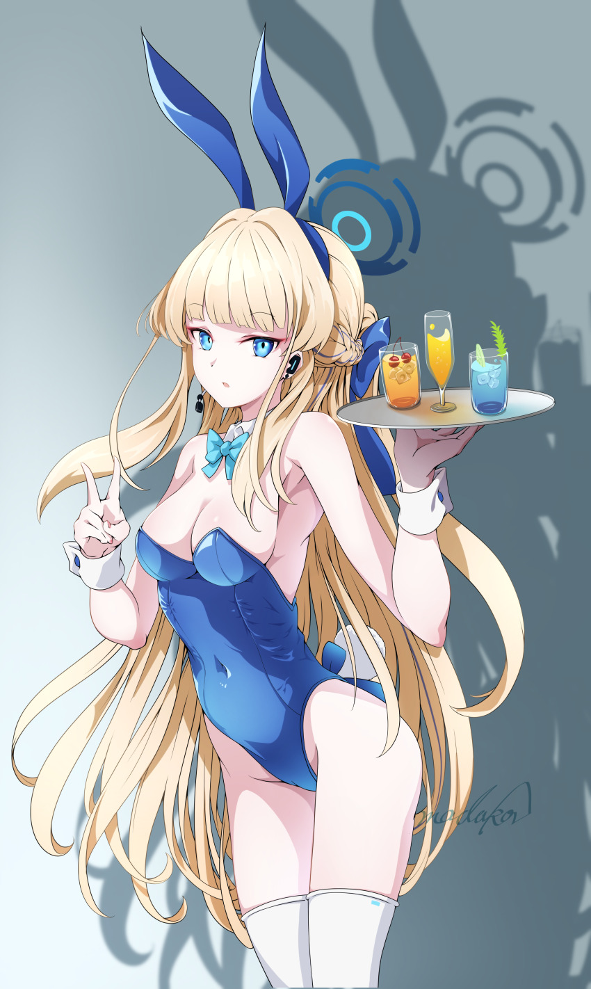1girl :o absurdres animal_ears bare_shoulders blonde_hair blue_archive blue_bow blue_eyes blue_hairband blue_leotard bow bowtie braid breasts cherry cleavage covered_navel detached_collar ear_piercing earpiece fake_animal_ears food fruit hairband half_up_braid halo hands_up highleg highleg_leotard highres holding holding_tray leotard long_hair looking_at_viewer madakov_kodima medium_breasts microphone official_alternate_costume official_alternate_hairstyle parted_lips piercing playboy_bunny rabbit_ears rabbit_tail shadow signature solo tail thighhighs thighs toki_(blue_archive) toki_(bunny)_(blue_archive) tray v very_long_hair white_thighhighs