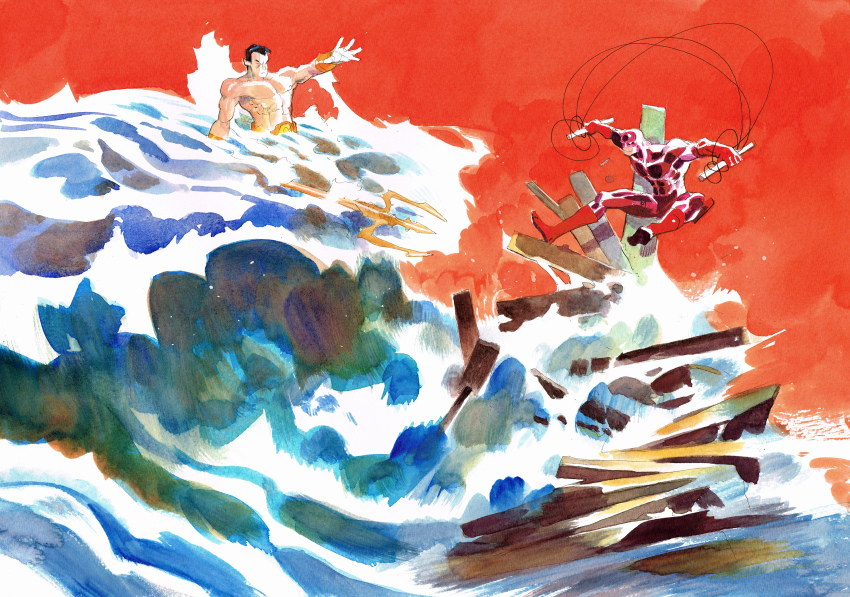 2boys black_hair daredevil highres holding holding_polearm holding_weapon jumpsuit marvel matias_bergara multiple_boys namor painting_(medium) polearm red_background red_jumpsuit short_hair sticks superhero_costume surfing traditional_media trident very_short_hair water watercolor_(medium) waves weapon