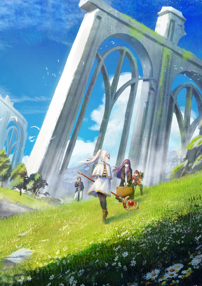 2boys 2girls absurdres ataririri axe bird black_coat blue_sky breasts bridge capelet cloud coat commentary day dress dutch_angle english_commentary fern_(sousou_no_frieren) frieren grass highres hill large_breasts long_hair looking_at_viewer mage_staff medium_hair mountain multiple_boys multiple_girls outdoors pantyhose pointy_ears ponytail purple_eyes purple_hair red_hair sein_(sousou_no_frieren) sky sousou_no_frieren stark_(sousou_no_frieren) suitcase very_long_hair white_capelet white_dress