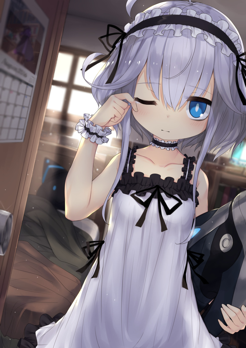 1girl ahoge bare_shoulders blue_eyes breasts dress emil_chronicle_online frilled_dress frilled_hairband frills hairband highres looking_at_viewer mitama_aria niranome one_eye_closed rubbing_eyes sleepy small_breasts white_dress white_hair