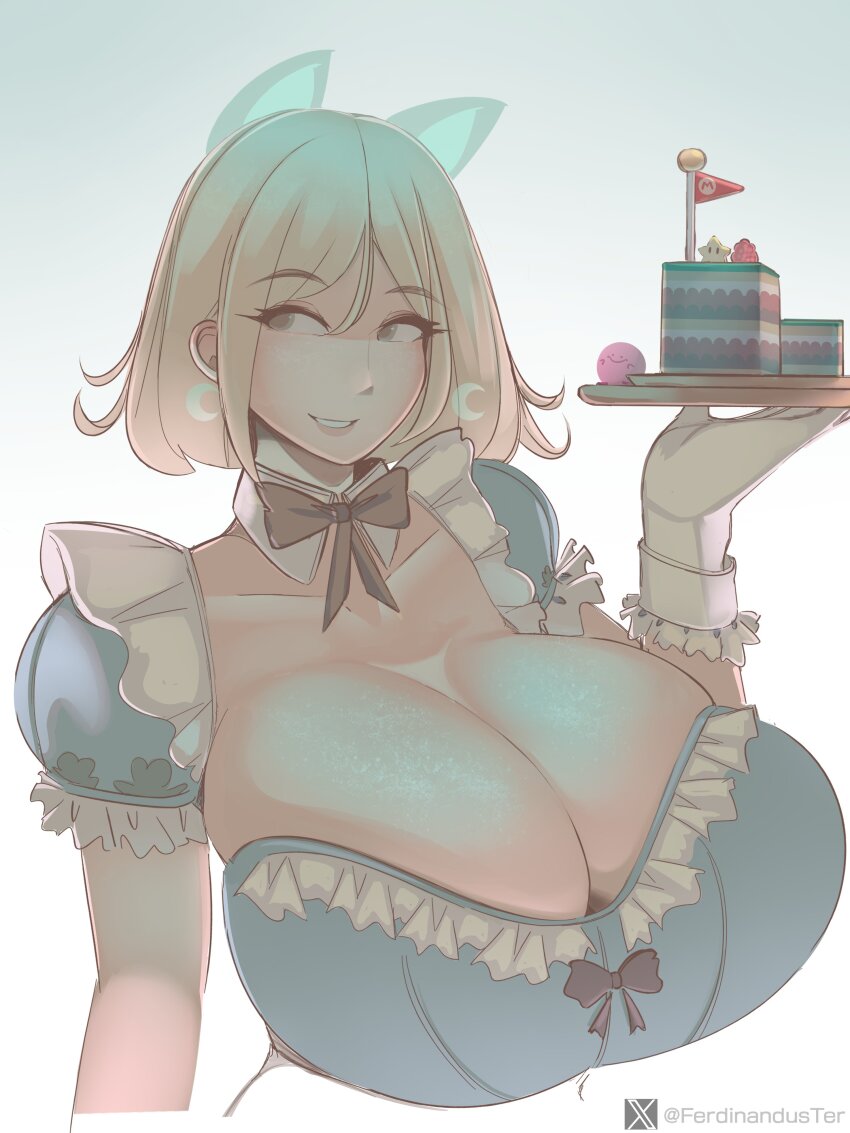 1girl absurdres animal_ears art_study black_bow black_bowtie blue_dress bow bowtie breasts cleavage collarbone color_study commentary crescent crescent_earrings cropped_torso double-parted_bangs dress earrings english_commentary ferdinandusdart frilled_dress frills gloves grey_background grey_eyes grey_hair hair_between_eyes highres holding holding_tray huge_breasts jewelry looking_at_viewer original parted_lips ring_light_reflection short_hair smile solo tray unfinished white_gloves