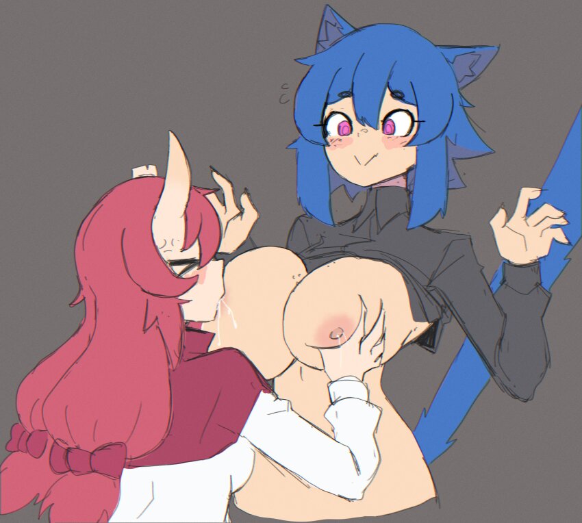 &gt;_&lt; 2girls :&gt; @_@ animal_ears asymmetrical_horns black_shirt blue_hair blush borrowed_character bow breast_sucking breastfeeding breasts broken_horn cat_ears cat_girl cat_tail closed_eyes closed_mouth clothes_lift collared_shirt cropped_shirt doce female_focus fingernails freckles freckles_on_breasts grabbing_another&#039;s_breast grey_background groping hair_between_eyes hair_bow harmony_(xenogiri) highres horns lactation large_breasts long_hair multiple_girls nipples original pink_eyes red_hair sharp_fingernails shirt shirt_lift short_hair simple_background smile tail twintails upper_body white_shirt xiao_(docecaedrus) yuri