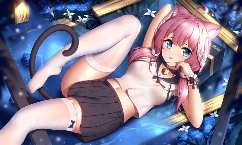 1girl :p ahoge animal_ear_fluff animal_ear_legwear animal_ears bell black_skirt blue_eyes blue_flower blue_rose blush bow_legwear cat_ear_legwear cat_ears collarbone flower hair_between_eyes hair_over_shoulder highres indie_virtual_youtuber jingle_bell long_hair looking_at_viewer low_twintails navel no_shoes pink_hair rose sakurada_hane shirt skirt smile solo tail thighhighs tongue tongue_out twintails virtual_youtuber wet white_shirt white_thighhighs wings wsman zettai_ryouiki