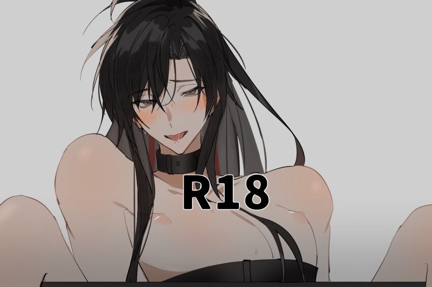 1boy bare_shoulders belt black_belt black_collar black_hair blush chest_belt collar collarbone grey_background grey_eyes hair_between_eyes implied_yaoi long_hair looking_at_viewer male_focus manjuyawaraka modao_zushi nipples non-web_source nude open_mouth pectorals ponytail saliva sidelocks simple_background sitting smile solo spread_legs tongue tongue_out upper_body wei_wuxian
