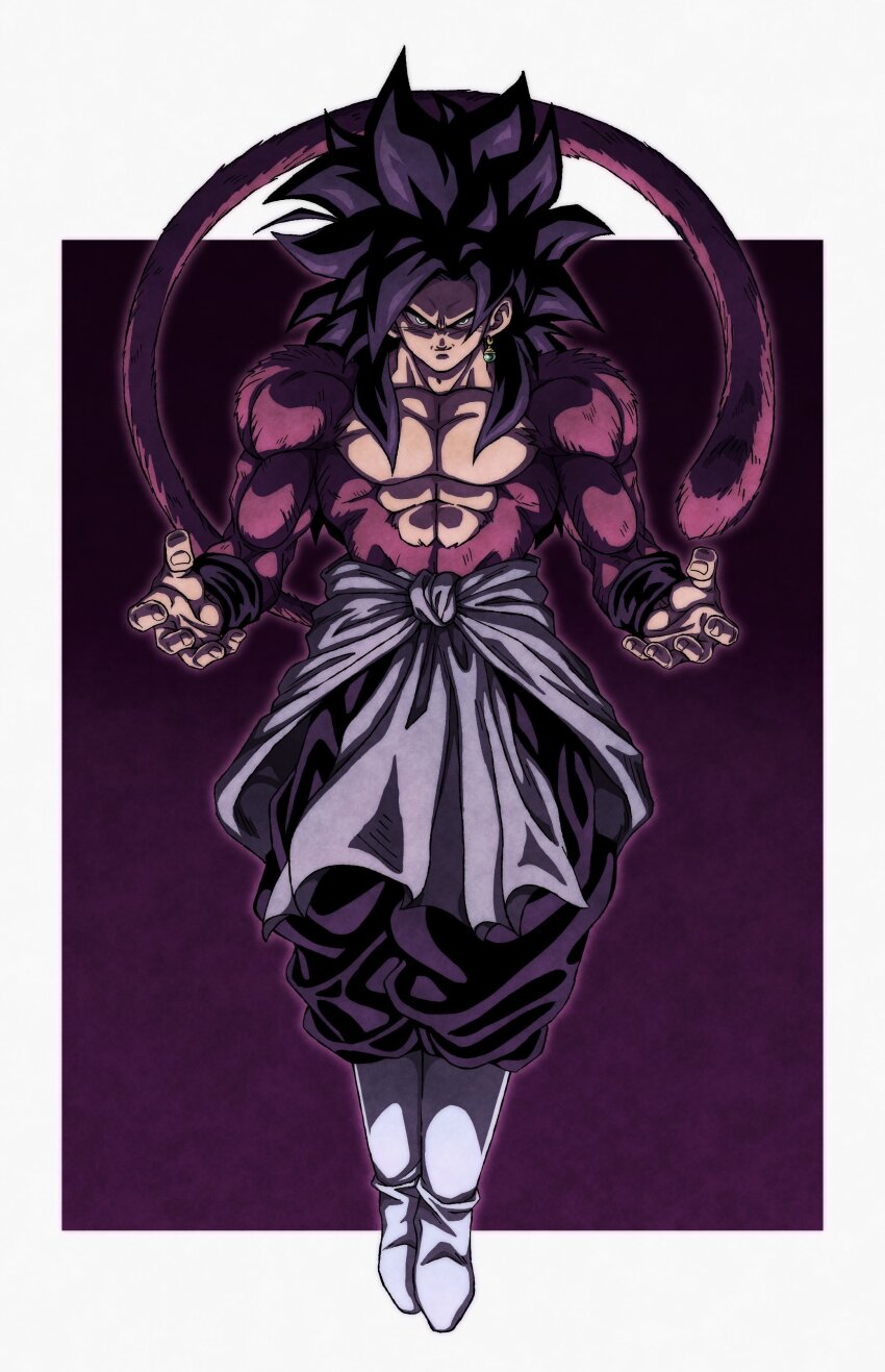 1boy absurdres black_hair black_pants body_fur boots border dragon_ball dragon_ball_gt dragon_ball_super earrings full_body goku_black highres jewelry long_hair muma_maximum76 muscular muscular_male pants potara_earrings purple_background red_fur red_tail simple_background single_earring solo spiked_hair super_saiyan super_saiyan_4 topless_male white_boots white_border yellow_eyes