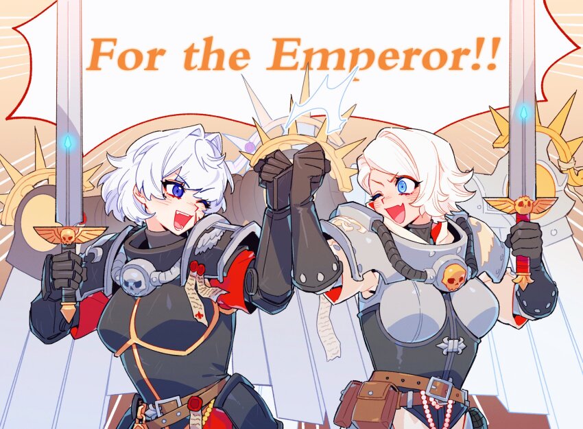 2girls adepta_sororitas armor backpack bag belt blue_eyes breastplate english_text explosive fangs fist_bump gloves grenade highres looking_at_another maiucal multiple_girls one_eye_closed pouch power_armor power_sword purity_seal scar scar_on_face skull sword warhammer_40k weapon white_background white_hair wings