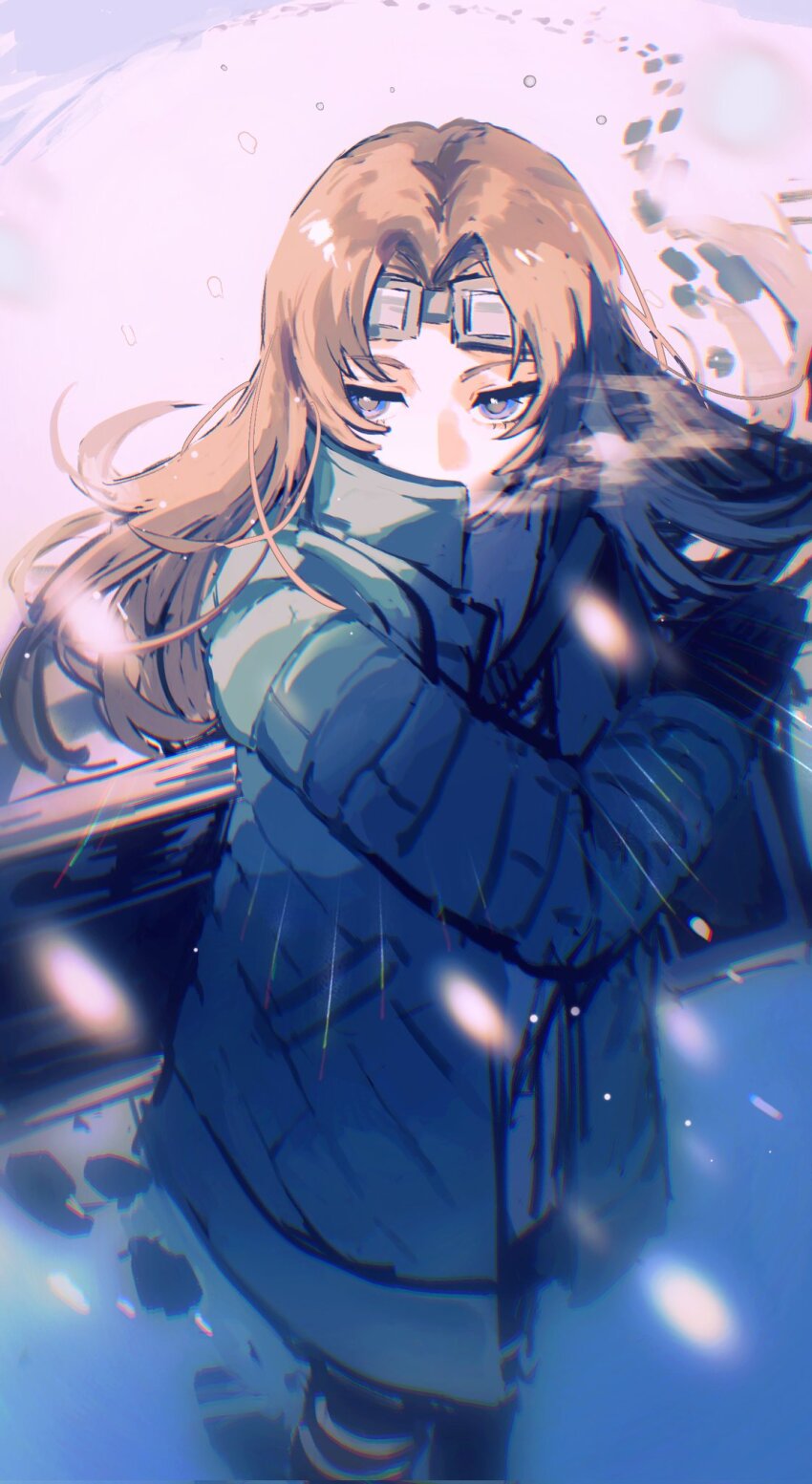 1girl aqua_coat black_bag black_gloves blue_eyes brown_hair coat cowboy_shot devyat&#039;_association_north_uniform dress gloves highres limbus_company ling_zhiyun long_hair looking_to_the_side parted_bangs project_moon rodion_(project_moon) sidelocks solo v very_long_hair white_dress