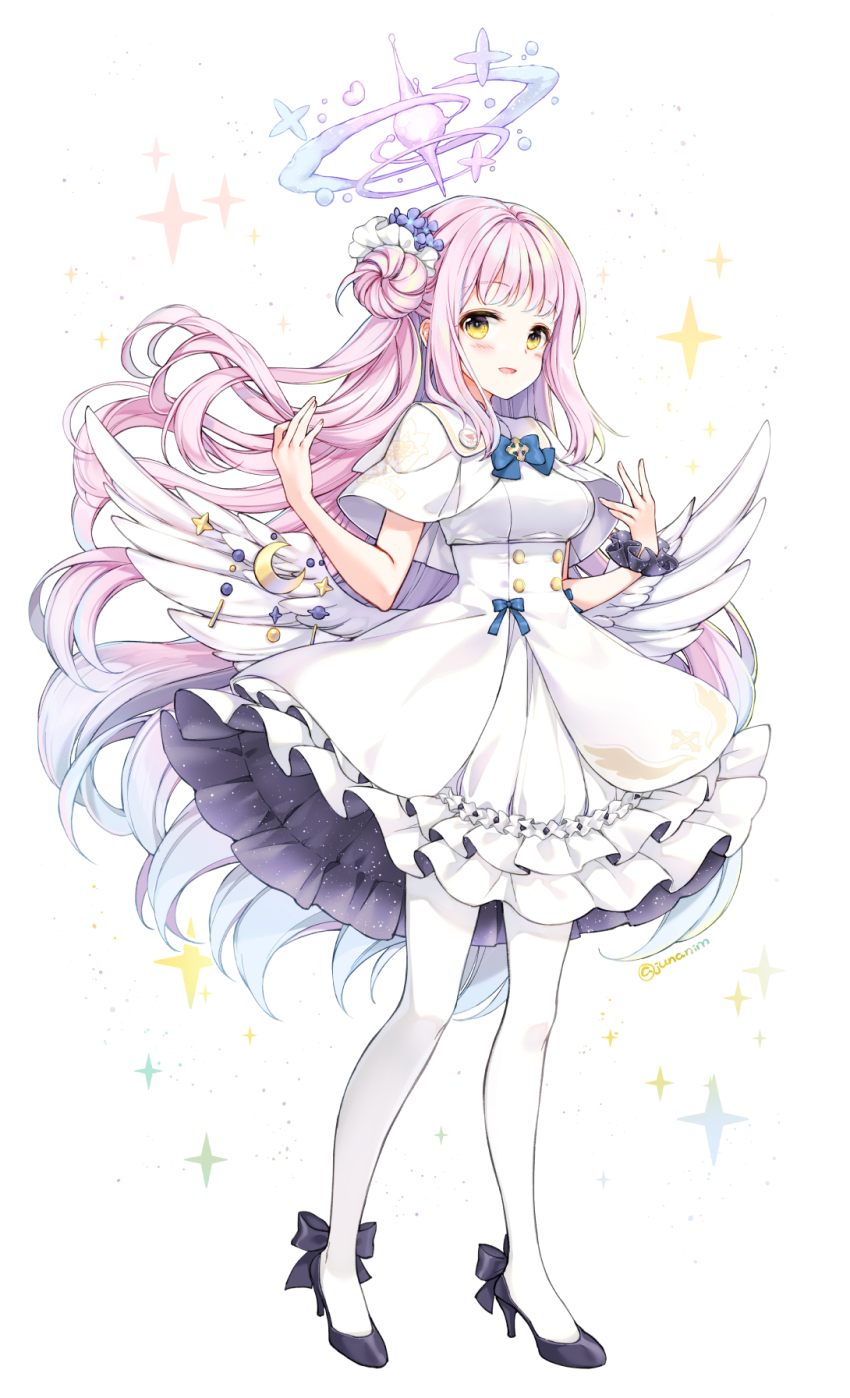 1girl angel_wings aqua_hair blue_archive blue_bow blush bow breasts buttons capelet crescent double-breasted dress feathered_wings flower frilled_skirt frills full_body gold_trim gradient_hair hair_bun halo high_heels highres juna long_hair looking_at_viewer low_wings medium_breasts mika_(blue_archive) multicolored_hair open_mouth pantyhose pink_halo pumps purple_flower scrunchie single_hair_bun single_side_bun skirt smile solo sparkle standing white_background white_capelet white_dress white_overskirt white_pantyhose white_wings wing_ornament wings wrist_scrunchie yellow_eyes