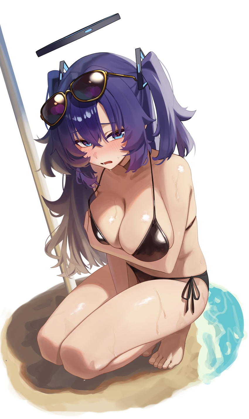 1girl absurdres arm_under_breasts bare_legs barefoot bikini black_bikini blue_archive blush breasts commentary eyewear_on_head feet highres large_breasts legs long_hair mcbox open_mouth purple_eyes purple_hair sand side-tie_bikini_bottom solo squatting sunglasses swimsuit symbol-only_commentary toenails toes two_side_up wet yuuka_(blue_archive)
