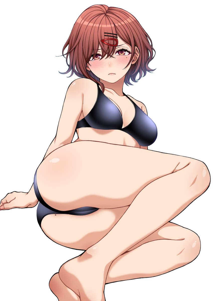 1girl absurdres ass black_bra black_panties blush bra breasts brown_eyes brown_hair closed_mouth hair_ornament hairclip highres higuchi_madoka idolmaster idolmaster_shiny_colors kobaji looking_at_viewer medium_breasts mole mole_under_eye panties short_hair underwear underwear_only white_background