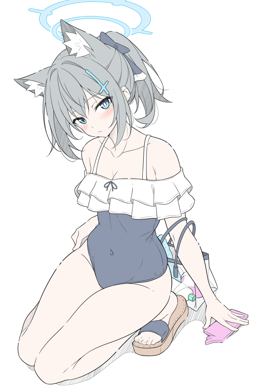 1girl animal_ear_fluff animal_ears bare_shoulders blue_archive blue_eyes blue_halo blue_one-piece_swimsuit blush breasts bright_pupils brown_slippers casual_one-piece_swimsuit cleavage closed_mouth collarbone commentary cosplay covered_navel cross cross_hair_ornament extra_ears frilled_one-piece_swimsuit frills grey_hair hair_between_eyes hair_ornament halo highres holding holding_phone inverted_cross looking_at_viewer medium_breasts mismatched_pupils miyako_(blue_archive) miyako_(blue_archive)_(cosplay) miyako_(swimsuit)_(blue_archive) off-shoulder_one-piece_swimsuit off_shoulder one-piece_swimsuit phone ponytail shiroko_(blue_archive) short_hair simple_background slippers solo squatting swimsuit symbol-only_commentary t1kosewad thighs toes transparent_bag white_background white_pupils wolf_ears wolf_girl