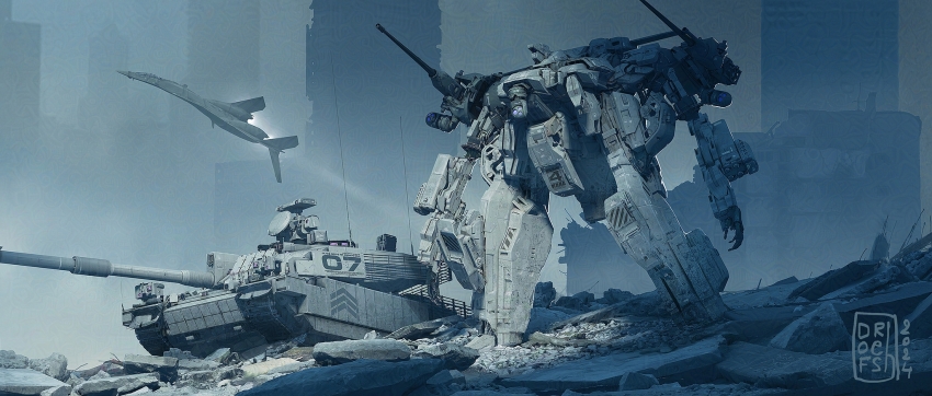 2024 aircraft airplane arm_mounted_weapon arms_at_sides artist_logo building caterpillar_tracks city dofresh fighter_jet flying hashtag-only_commentary highres legs_apart logo mecha military_vehicle missile_pod motor_vehicle no_humans open_hand original radar_dish radio_antenna reactive_armor robot rubble ruins science_fiction shoulder_cannon standing tank