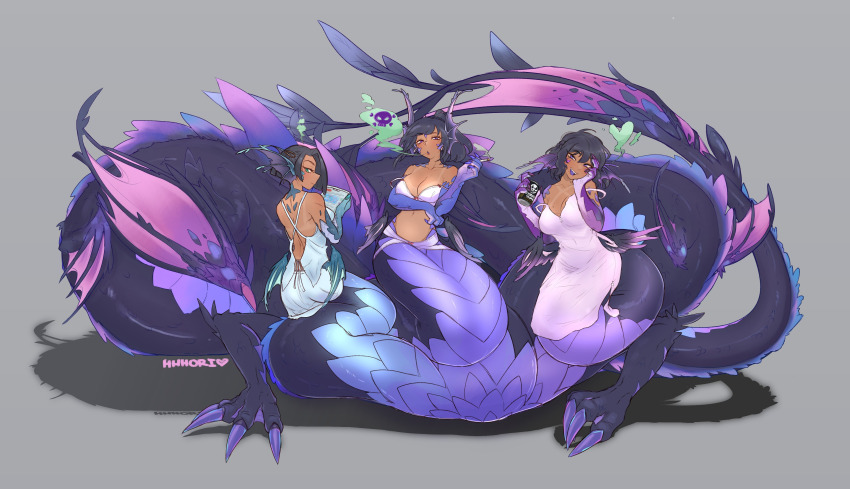 absurdres claws conjoined dark_skin dress fins hat head_fins hhhori highres hydra monster_girl multiple_heads non-web_source original scales taur triplets
