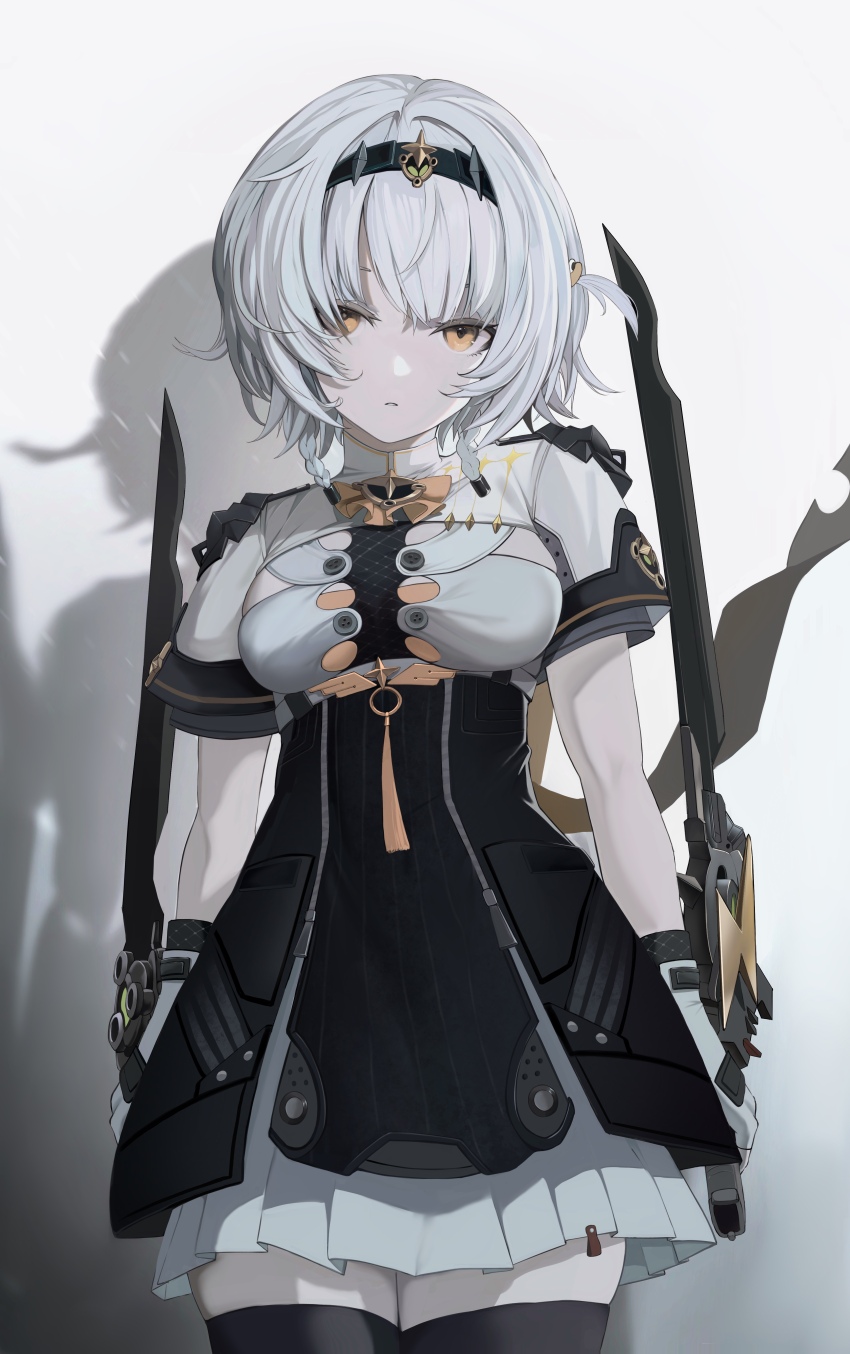 1girl absurdres amamizu_shizuku anby_demara anby_demara_(silver_soldier) arms_at_sides ascot black_dress black_gloves black_hairband black_thighhighs braid breasts closed_mouth commentary_request cowboy_shot dress dual_wielding expressionless fingerless_gloves gloves gradient_background grey_background grey_hair hair_between_eyes hair_ornament hairband highres holding holding_sword holding_weapon layered_dress looking_at_viewer medium_breasts medium_hair official_alternate_costume one_side_up orange_ascot orange_eyes reverse_grip shadow short_sleeves shrug_(clothing) side_braids solo standing sword thighhighs two-tone_dress two-tone_gloves weapon white_dress white_gloves white_shrug zenless_zone_zero zettai_ryouiki