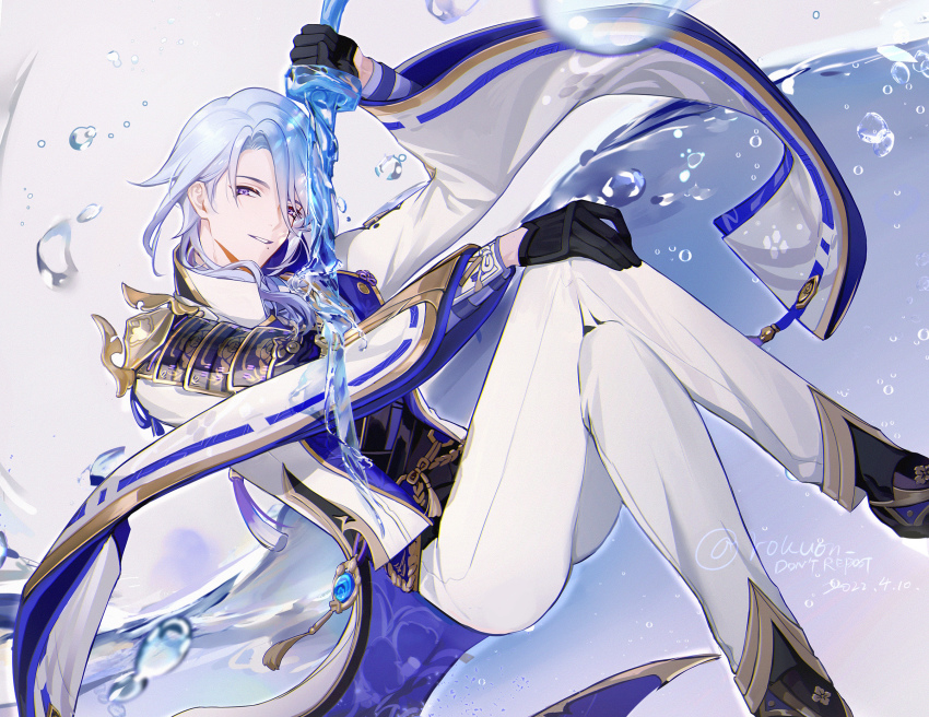1boy arm_guards armor black_gloves black_vest blue_hair closed_mouth collared_jacket commentary_request genshin_impact gloves gold_trim hair_over_shoulder hand_on_own_knee high_collar highres holding holding_sword holding_weapon jacket japanese_armor japanese_clothes kamisato_ayato kimono light_smile long_sleeves looking_at_viewer male_focus medium_hair mole mole_under_mouth open_clothes open_jacket pants parted_bangs parted_lips petals purple_eyes rokuon shoulder_armor simple_background solo standing swept_bangs sword sword_in_front_of_face tassel twitter_username vest water water_drop weapon white_background white_jacket white_pants