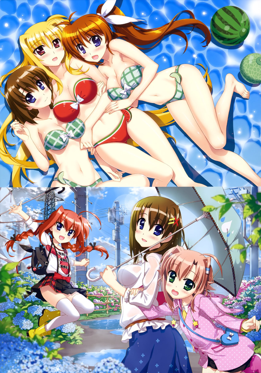 10s 5girls :d absurdres arm_up barefoot bikini black_ribbon black_skirt blonde_hair blue_eyes blue_flower blue_skirt bow breasts brown_hair cleavage collarbone day eyebrows fate_testarossa feet flower food from_above fruit fujima_takuya girl_sandwich green_bikini groin hair_ornament hair_ribbon hairclip hand_on_own_stomach high_ponytail highres holding holding_umbrella jumping large_breasts long_hair looking_at_viewer low-tied_long_hair lying lyrical_nanoha mahou_shoujo_lyrical_nanoha mahou_shoujo_lyrical_nanoha_a&#039;s mahou_shoujo_lyrical_nanoha_vivid miura_rinaldi multiple_girls navel official_art on_back open_mouth outdoors pink_hair pleated_skirt ponytail red_eyes red_hair ribbon sandwiched shirt short_hair skirt smile star_(symbol) strapless strapless_bikini swimsuit takamachi_nanoha thighhighs toes twintails umbrella very_long_hair vita_(nanoha) watermelon wet wet_clothes wet_shirt white_bow white_legwear white_ribbon white_shirt yagami_hayate