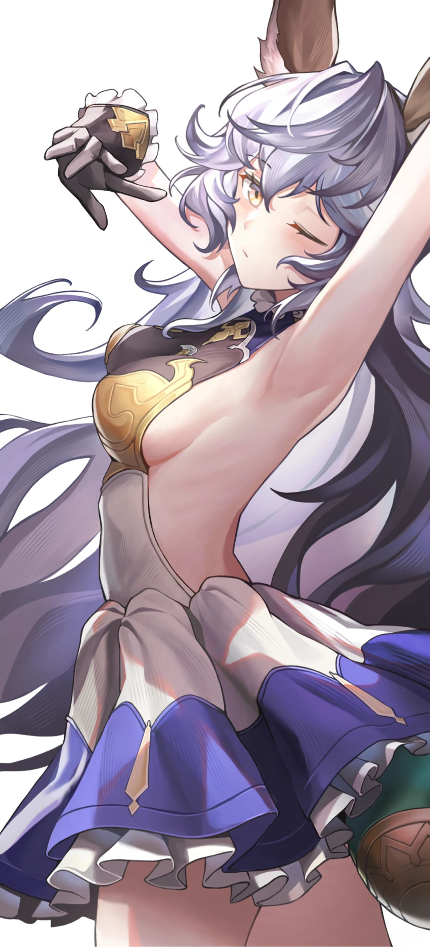 1girl animal_ears armpits arms_up breasts brown_dress brown_gloves chinese_commentary closed_mouth commentary_request cowboy_shot dress ferry_(granblue_fantasy) frilled_dress frilled_gloves frills gloves granblue_fantasy granblue_fantasy:_relink grey_hair hair_between_eyes highres long_hair looking_at_viewer making-of_available medium_breasts one_eye_closed procreate_(medium) purple_dress sideboob simple_background solo standing umie_(iowae) video_thumbnail white_background white_dress yellow_eyes