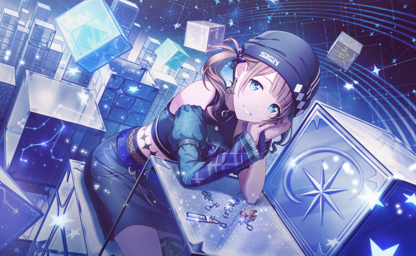 1girl argyle armpit_crease bare_shoulders beanie belt belt_chain black_skirt black_sleeves blue_belt blue_eyes blue_nails blue_sleeves blue_theme blunt_bangs bodypaint bow breasts brown_hair capricorn_(constellation) chain choker colorful_palette constellation crop_top cube detached_sleeves dot_nose double_vertical_stripe dutch_angle earrings elbow_rest eyelashes fingernails fishnets frilled_sleeves frills hair_bow hat head_rest highres jewelry juliet_sleeves large_breasts leo_(constellation) light_particles long_sleeves looking_at_viewer midriff mochizuki_honami necklace night night_sky o-ring o-ring_choker official_art pearl_earrings perspective plaid_clothes plaid_sleeves project_sekai puffy_sleeves scorpius_(constellation) see-through_clothes shadow side_ponytail sidelocks single_detached_sleeve single_sidelock sitting skirt sky smile solo sparkle star_(sky) star_(symbol) starry_sky taurus_(constellation) third-party_source tsunagu_hoshi_no_uta_(project_sekai) two-tone_sleeves vanishing_point wavy_hair wide_sleeves
