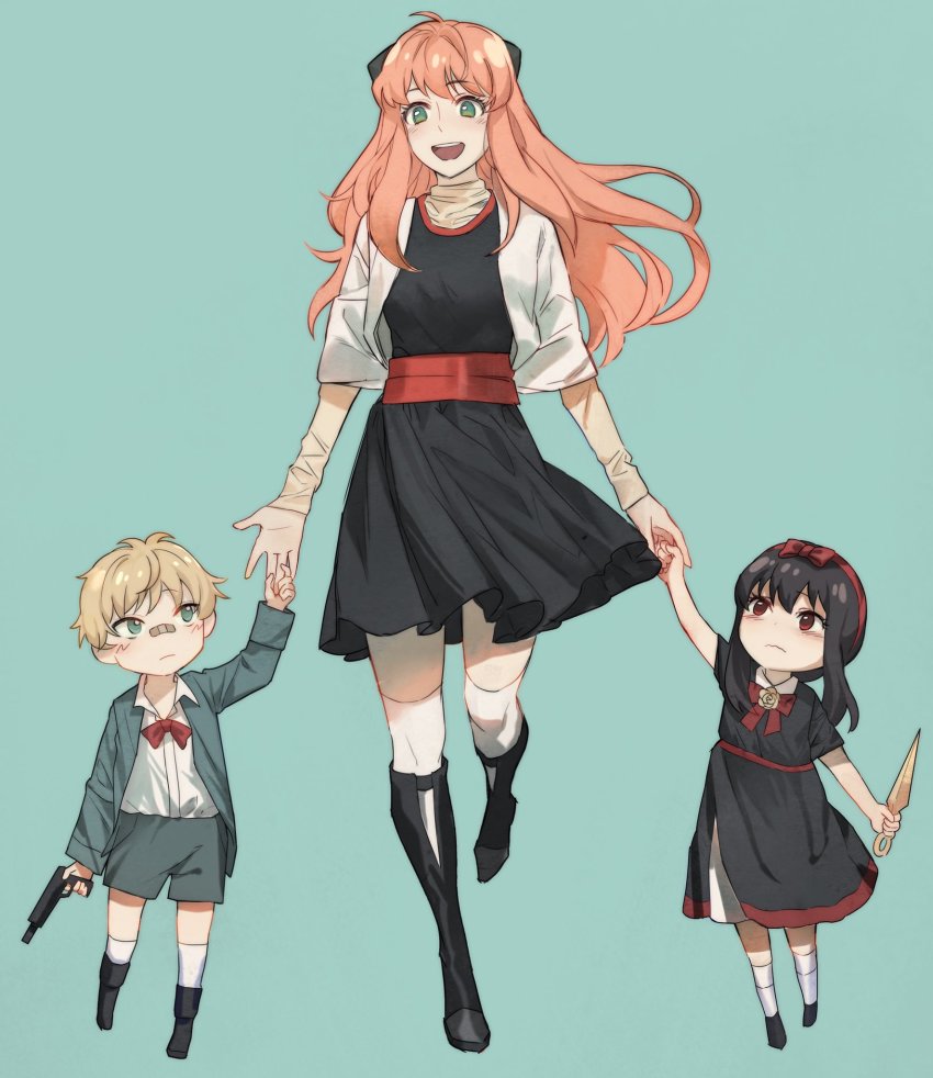 1boy 2girls age_switch aged_down aged_up anya_(spy_x_family) bandaid bandaid_on_face bandaid_on_nose black_hair blonde_hair boots child dule_(anhaidule) finger_on_trigger highres holding_hands kunai long_hair multiple_girls pink_hair role_reversal shoes short_hair shorts simple_background skirt socks spy_x_family toy_gun twilight_(spy_x_family) weapon yor_briar