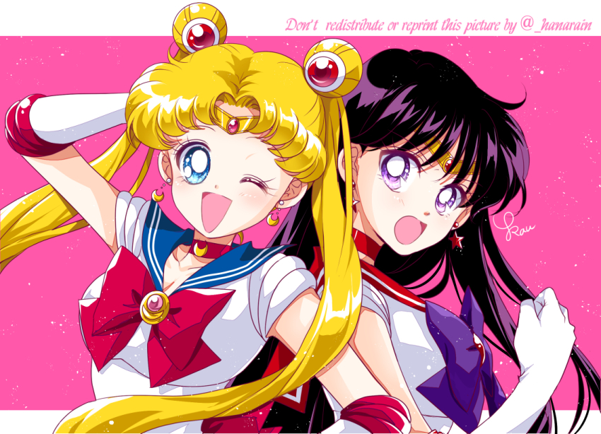 2girls bishoujo_senshi_sailor_moon black_hair blonde_hair blue_eyes blue_sailor_collar breasts circlet cleavage collarbone crescent crescent_choker crescent_earrings double_bun earrings elbow_gloves gem gloves hair_bun hino_rei jewelry long_hair looking_at_viewer multiple_girls one_eye_closed purple_eyes red_gemstone red_sailor_collar sailor_collar sailor_mars sailor_moon sailor_senshi_uniform sarashina_kau smile star_(symbol) star_earrings tsukino_usagi twintails v-shaped_eyebrows white_gloves white_glvoes