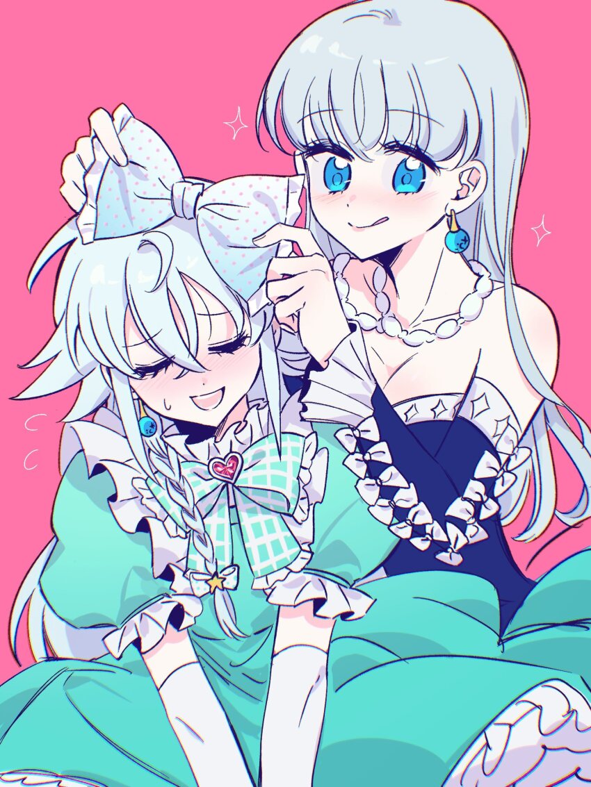 1boy 1girl blue_eyes blush child crossdressing dress elizabeth_liones embarrassed green_dress hair_ribbon highres mokushiroku_no_yonkishi mother_and_son nanatsu_no_taizai ribbon startri_ryu_ tongue tongue_out tristan_liones