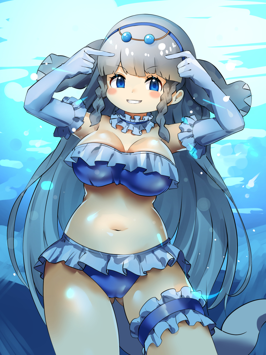 1girl absurdres american_manatee_(kemono_friends) arms_up bare_shoulders bikini blue_bikini blue_choker blue_eyes blue_footwear blue_gloves blunt_bangs blush braid breasts frilled_thigh_strap cetacean_tail choker cleavage cowboy_shot elbow_gloves fins fish_tail frilled_bikini frilled_choker frilled_gloves frills gloves grey_hair grin hairband hawawam31677 head_fins highres kemono_friends kemono_friends_3 large_breasts long_hair looking_at_viewer midriff multicolored_hair navel open_mouth orb pointing sidelocks sleeveless smile solo swimsuit tail thigh_strap thighs twin_braids underwater very_long_hair water white_gloves