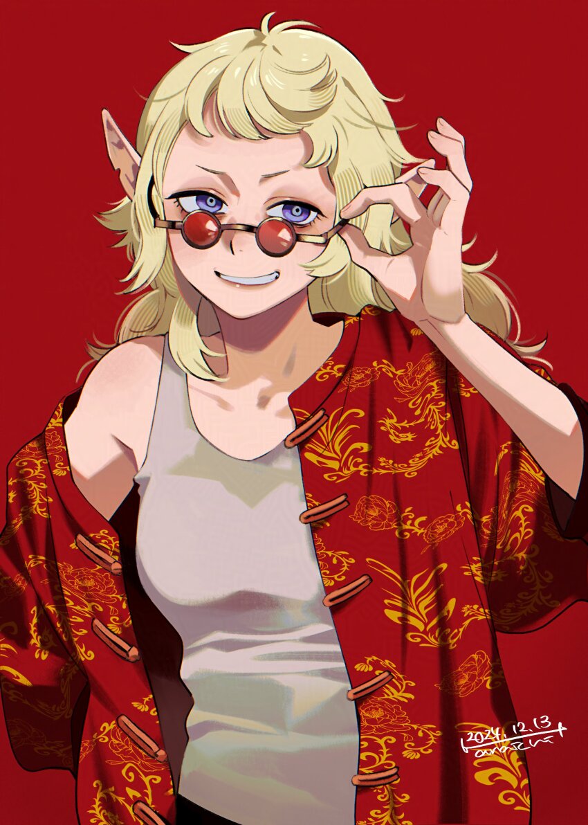 1girl 2024 absurdres adjusting_eyewear alternate_costume blonde_hair chinese_clothes chromatic_aberration collarbone contemporary dungeon_meshi elf fleki floral_print grin hanaichi_(hana13) highres long_hair looking_to_the_side pointy_ears purple_eyes red_background smile solo sunglasses tank_top upper_body