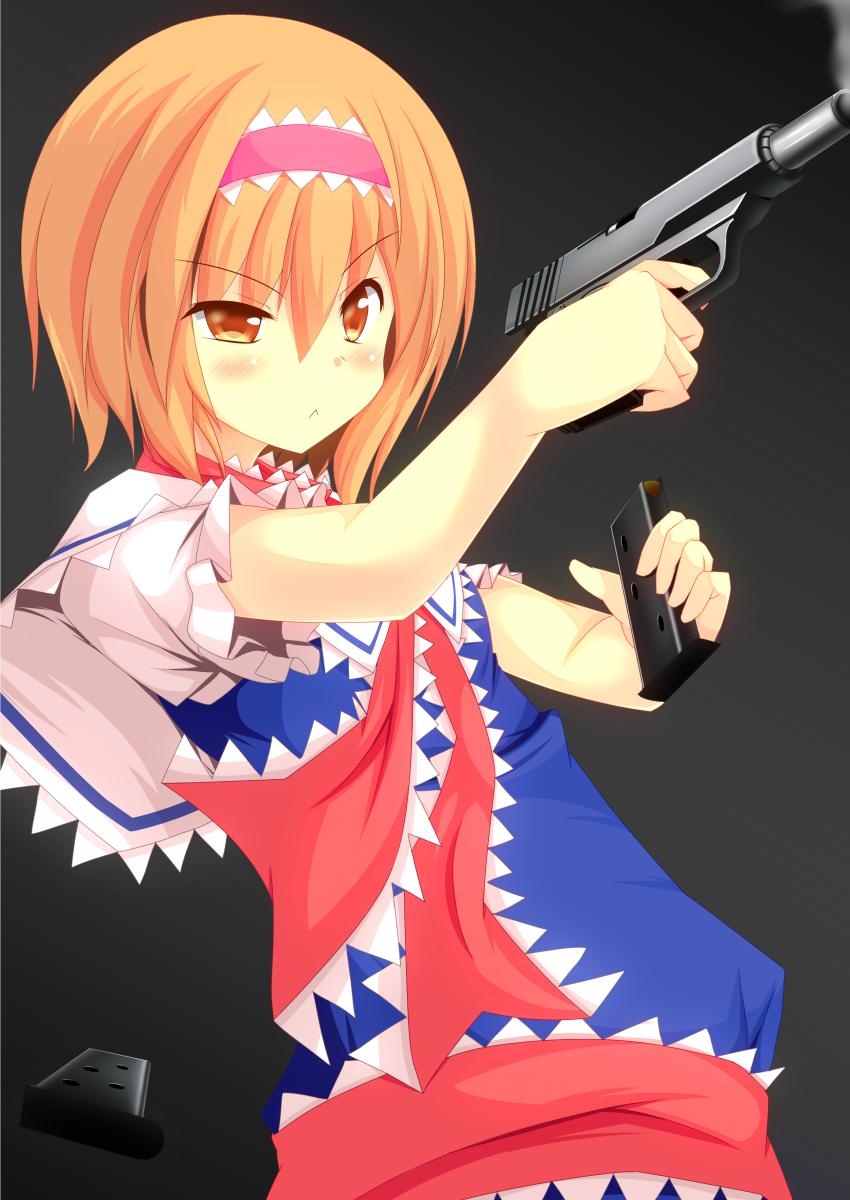 1girl :&lt; absurdres alice_margatroid blue_dress blush capelet closed_mouth collared_capelet commentary_request cookie_(touhou) dress frilled_capelet frilled_hairband frilled_neckwear frilled_sash frilled_sleeves frills grey_background gun hair_between_eyes hairband highres hinase_(cookie) holding holding_gun holding_weapon looking_afar magazine_(weapon) necktie orange_eyes orange_hair pink_hairband puffy_short_sleeves puffy_sleeves red_necktie red_sash reloading sash short_hair short_sleeves sleeveless sleeveless_dress smoke smoking_barrel solo szk touhou uneven_eyes upper_body weapon white_capelet