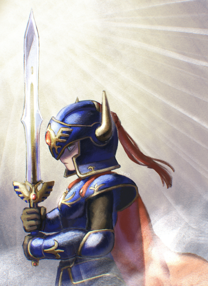 1boy absurdres armor black_bodysuit blue_armor blue_eyes bodysuit cape commentary_request dragon_quest dragon_quest_i erdrick&#039;s_helmet erdrick&#039;s_sword fake_horns gem gold_trim grey_background helmet hero_(dq1) highres holding holding_sword holding_weapon horned_helmet horns male_focus nogo_(nogo_059) partially_shaded_face plume profile red_cape red_gemstone roto&#039;s_emblem solo sword upper_body weapon