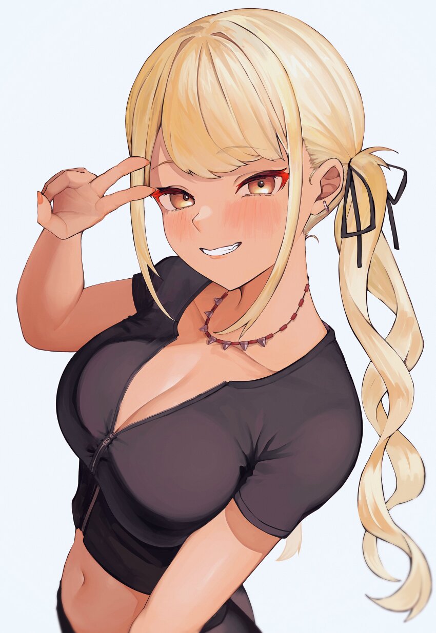 1girl absurdres amatou_(ko_me_9) black_pants black_ribbon black_shirt blonde_hair blush breasts cleavage crop_top dark-skinned_female dark_skin grin gyaru hair_ornament hair_ribbon highres kaminari_qpi kaminari_qpi_(2nd_costume) large_breasts long_hair looking_at_viewer midriff navel orange_eyes orange_nails pants partially_unzipped ribbon shirt short_sleeves simple_background smile solo spiked_necklace swept_bangs twintails upper_body v virtual_youtuber vspo! white_background zipper zipper_pull_tab