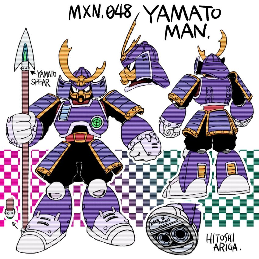 1boy android ariga_hitoshi armor artist_name belt belt_buckle black_bodysuit black_eyes bodysuit boots buckle character_name reference_sheet checkered_background chest_armor clenched_hands commentary_request concept_art crescent green_background english_text fake_horns from_behind from_side full_armor full_body gauntlets gem gloves gradient_background green_background green_gemstone helmet highres holding holding_polearm holding_weapon horned_helmet horns japanese_armor kabuto_(helmet) knee_boots kusazuri looking_ahead looking_at_viewer made_in_japan male_focus mega_man_(classic) mega_man_(series) mega_man_6 mega_man_megamix multiple_views no_humans pink_background polearm portrait profile purple_armor purple_footwear red_belt robot scanlines shoe_soles shoulder_armor simple_background sode spear standing straight-on turnaround weapon white_background white_gloves yamato_man