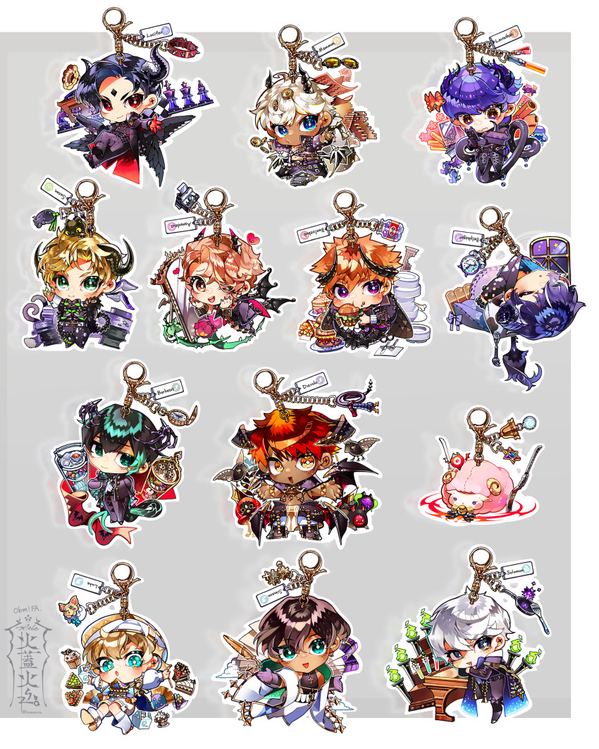 6+boys absurdres alarm_clock animal_collar asmodeus_(obey_me!) barbatos_(obey_me!) bed beelzebub_(obey_me!) belphegor_(obey_me!) bishop_(chess) black_wings blonde_hair blue_eyes book bright_pupils brown_hair burger butler cake cake_slice cat character_name charm_(object) chess_piece chest_tattoo chibi chibi_only clock coat collar diamond_facial_mark diavolo_(obey_me!) facial_mark figure fish food food_on_face forehead_mark gloves glowstick glutton goldfish highres horns kazanniro king_(chess) knight_(chess) leviathan_(obey_me!) lucifer_(obey_me!) luke_(obey_me!) mammon_(obey_me!) mirror multicolored_nails multiple_boys obey_me!:_one_master_to_rule_them_all! open_mouth orange_hair pants paper pastry_server phonograph plate pocket_watch poker_chip polaroid_camera purple_pants pursed_lips queen_(chess) quill red_eyes rook_(chess) satan_(obey_me!) sheep simeon_(obey_me!) sleeping solomon_(obey_me!) spiked_collar spikes sunglasses tail tan tattoo thorns watch wavy_mouth whip white_coat white_gloves white_hair white_pupils window wings