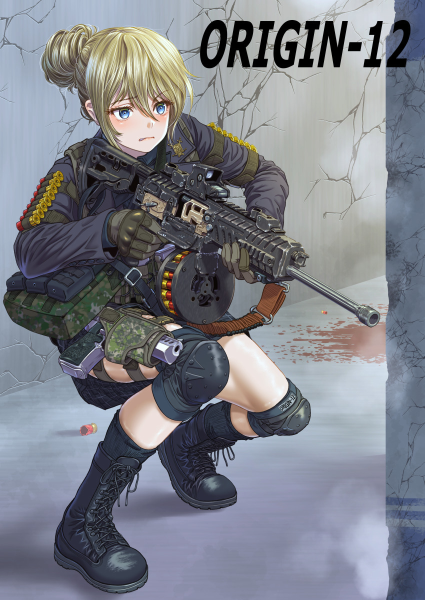 1girl absurdres blonde_hair blood blood_on_ground blue_eyes boots desert_eagle drum_magazine eotech fostech_origin_12 gloves gun handgun highres holster knee_pads lace-up_boots magazine_(weapon) original shotgun shotgun_shell solo squatting thigh_holster tigern_(tigern28502735) weapon weapon_name