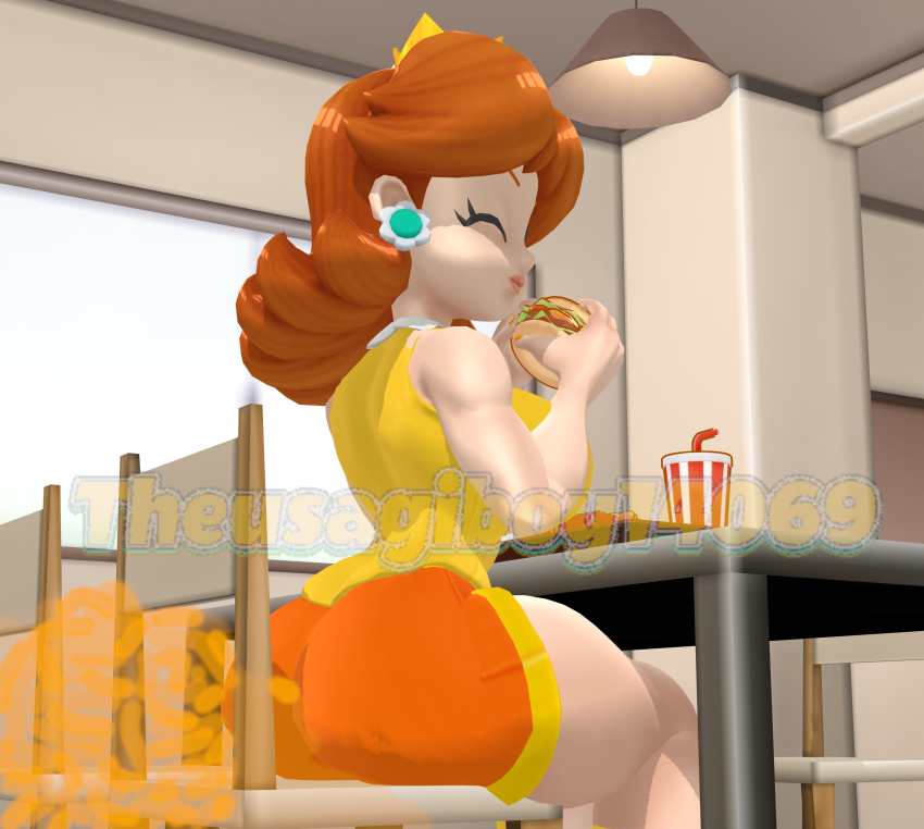 3d aritst:theusagiboy1406 brown_hair burger closed_eyes crown earrings fart food highres holding holding_food jewelry long_hair mario_(series) mikumikudance_(medium) nintendo princess princess_daisy self-upload shirt shorts sleeveless sleeveless_shirt
