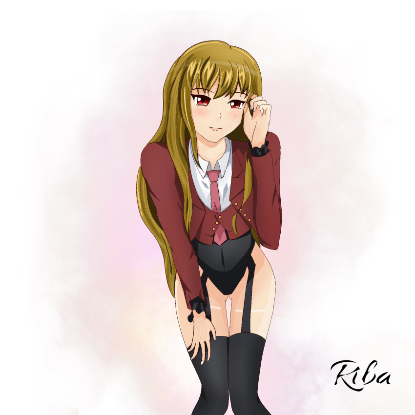 1girl black_leotard brown_hair highres leotard mammon_(umineko) necktie pink_necktie stakes_of_purgatory umineko_no_naku_koro_ni